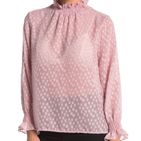 New Everleigh Smocked Mock Neck Long Sleeve Sheer Blouse Blush Pink Size 1X - Picture 1 of 16